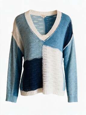 POL Women’s S Blue White Color Block Open Knit V-Neck Oversized Sweater